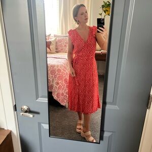 Cherry red wrap midi dress by LOFT. Size extra small. Flutter cap sleeve.